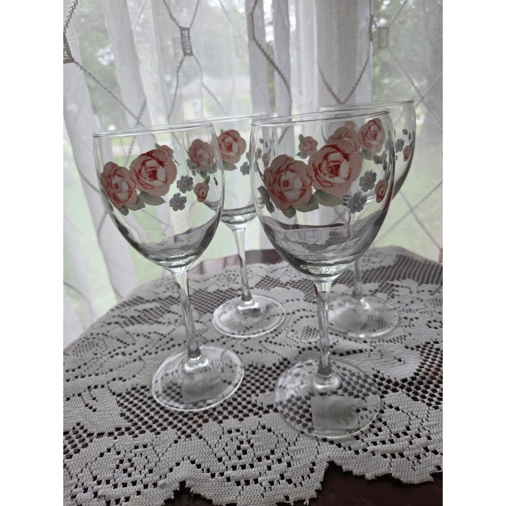 Vintage Floral Rose Wine Glasses Set of 4 Pink Blue Cottagecore Stemware